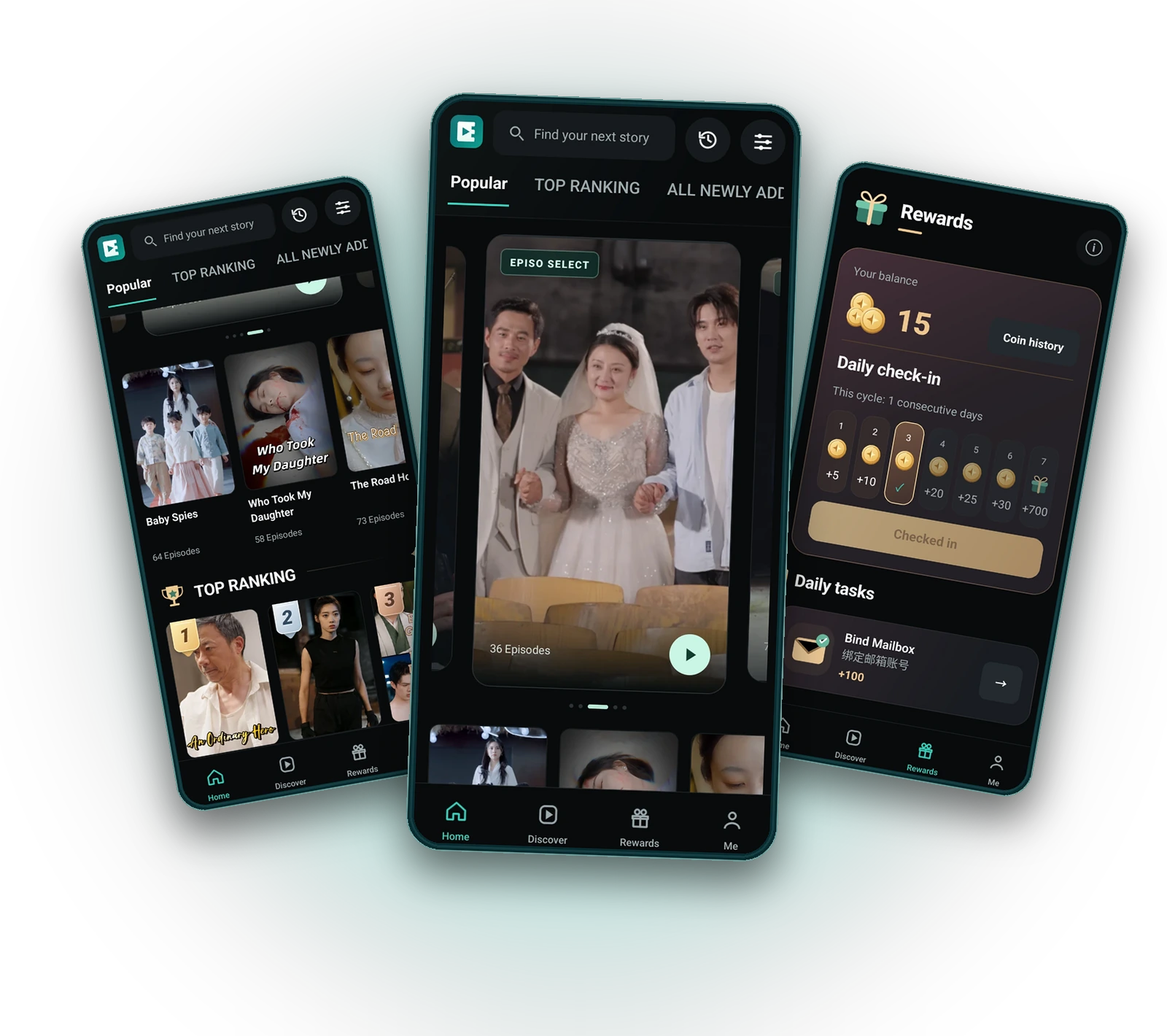 EpisoShort's home, drama library and daily rewards screens, displayed in three phone frames.