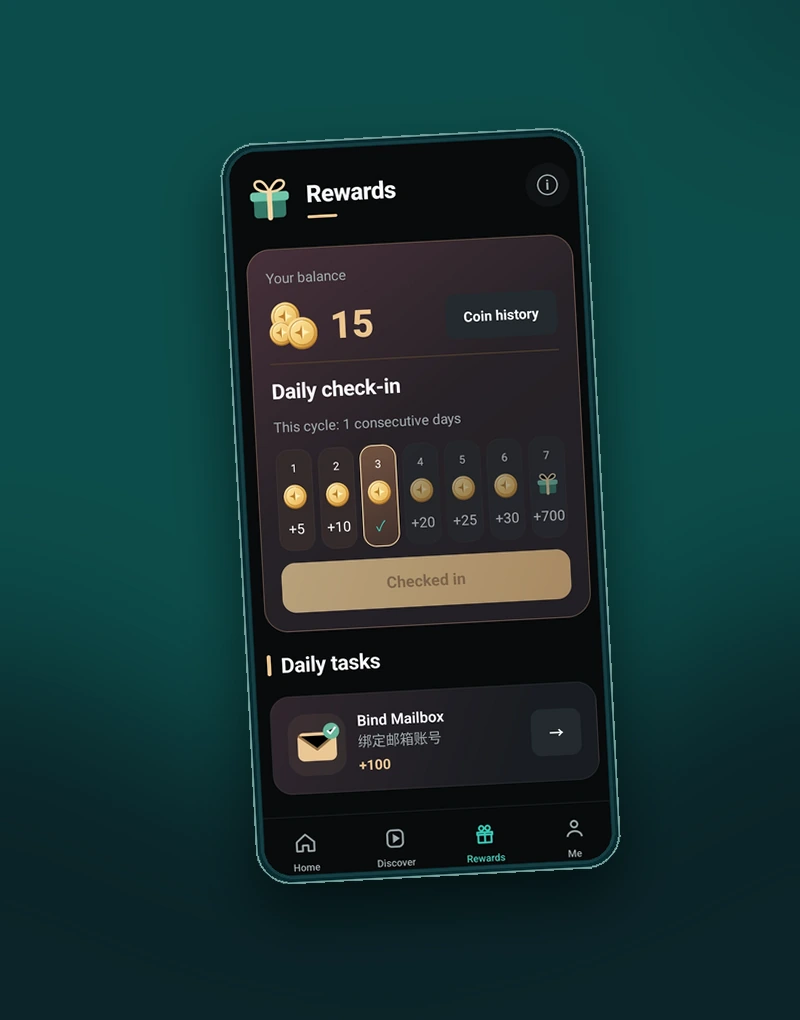 The EpisoShort Rewards screen showing daily check-in and tasks.